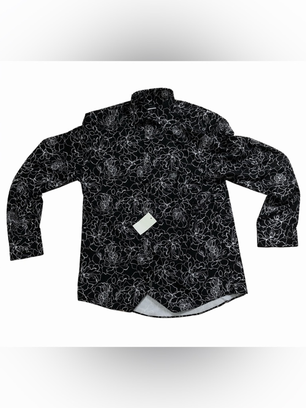 J Ferrar Men’s Medium Black White Floral Stretch Button Up Shirt NWT